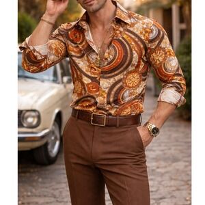 Vintage Brown Textured Trousers Mens 70s Straight Leg Dress Pants Brown